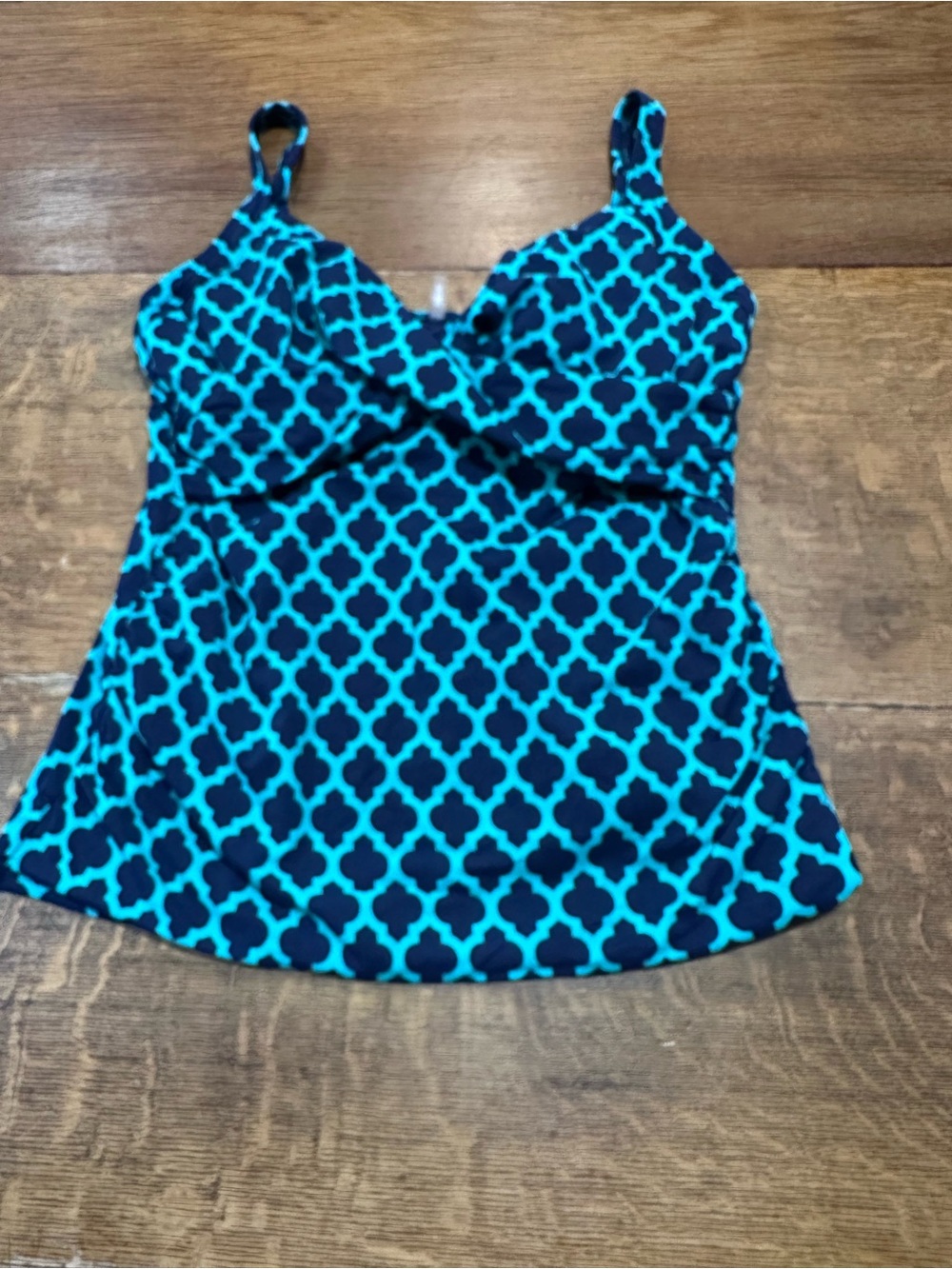 Lands' End Teal and Navy Geometric swim Top with Built-In Bra sz 14
